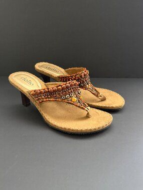 Rialto Bailee Womens Beaded Heeled Sandals 9M Tan multi Colored Beads suede-Like